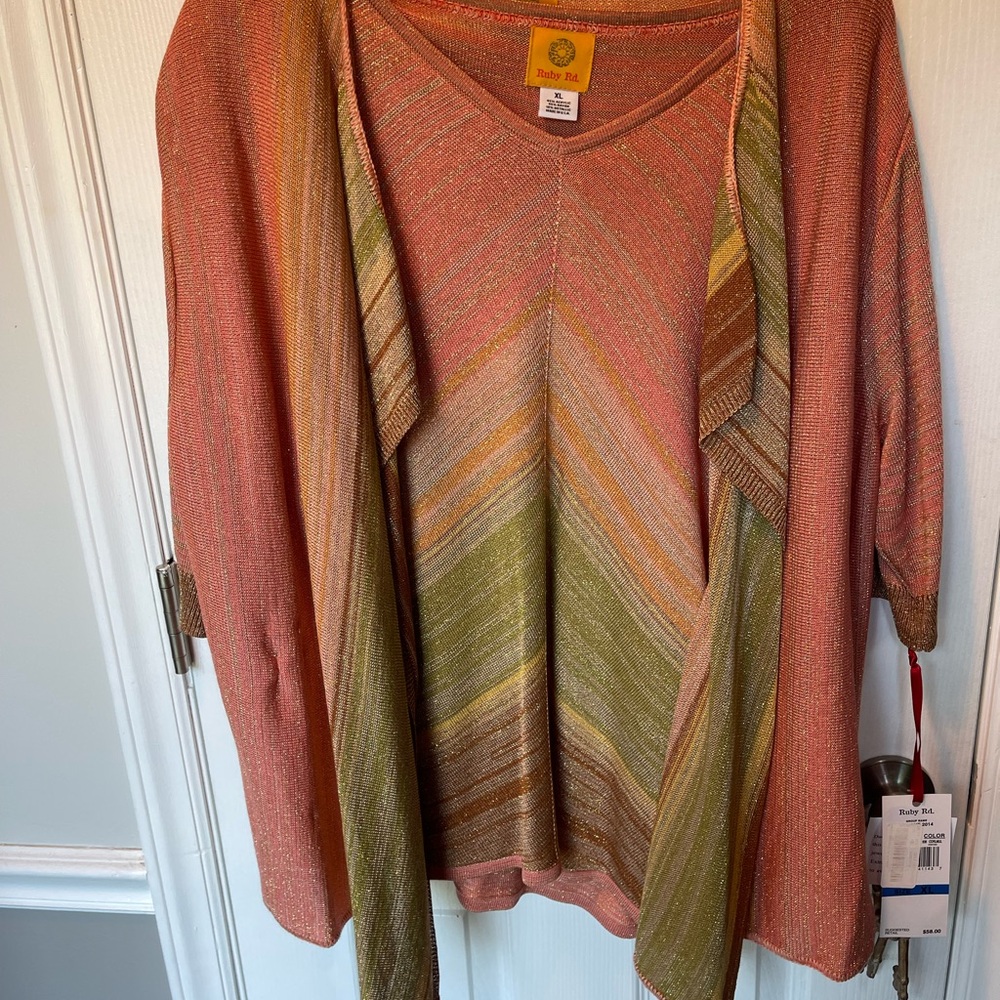NWT Ruby Rd. Coral Multicolor Striped Top with Cardigan 2 piece Set! size XL - Picture 1 of 7